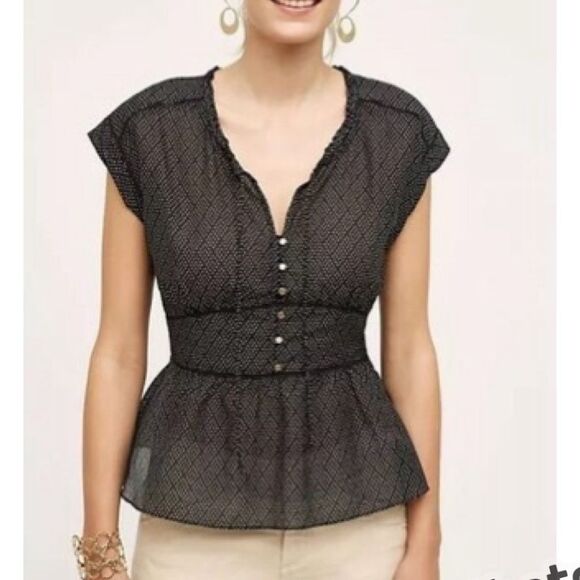 Anthropologie HD in Paris Black Polka Dot Peplum Blouse 8 Women - Picture 1 of 10
